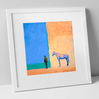 Silent Understanding horse & rider art print in white frame