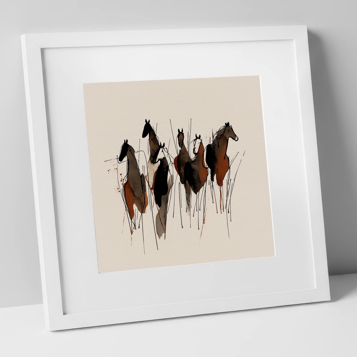 Earthy Herd Silhouettes wild horses art print in white frame