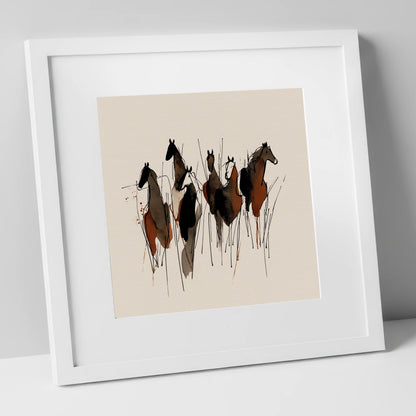 Earthy Herd Silhouettes wild horses art print in white frame