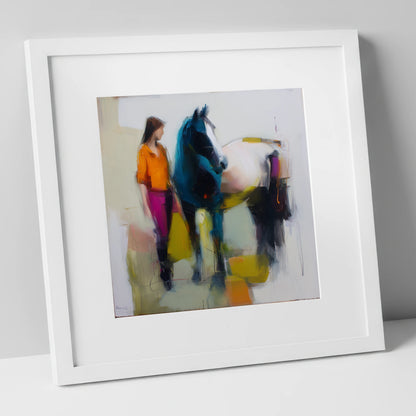 The Colour of Connection horse & rider art print in white frame