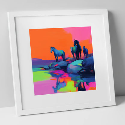 Neon Horizon Horses wild horses art print in white frame