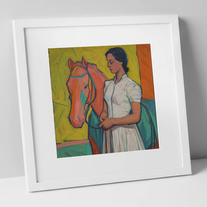 Vibrant Connection horse & rider art print in white frame