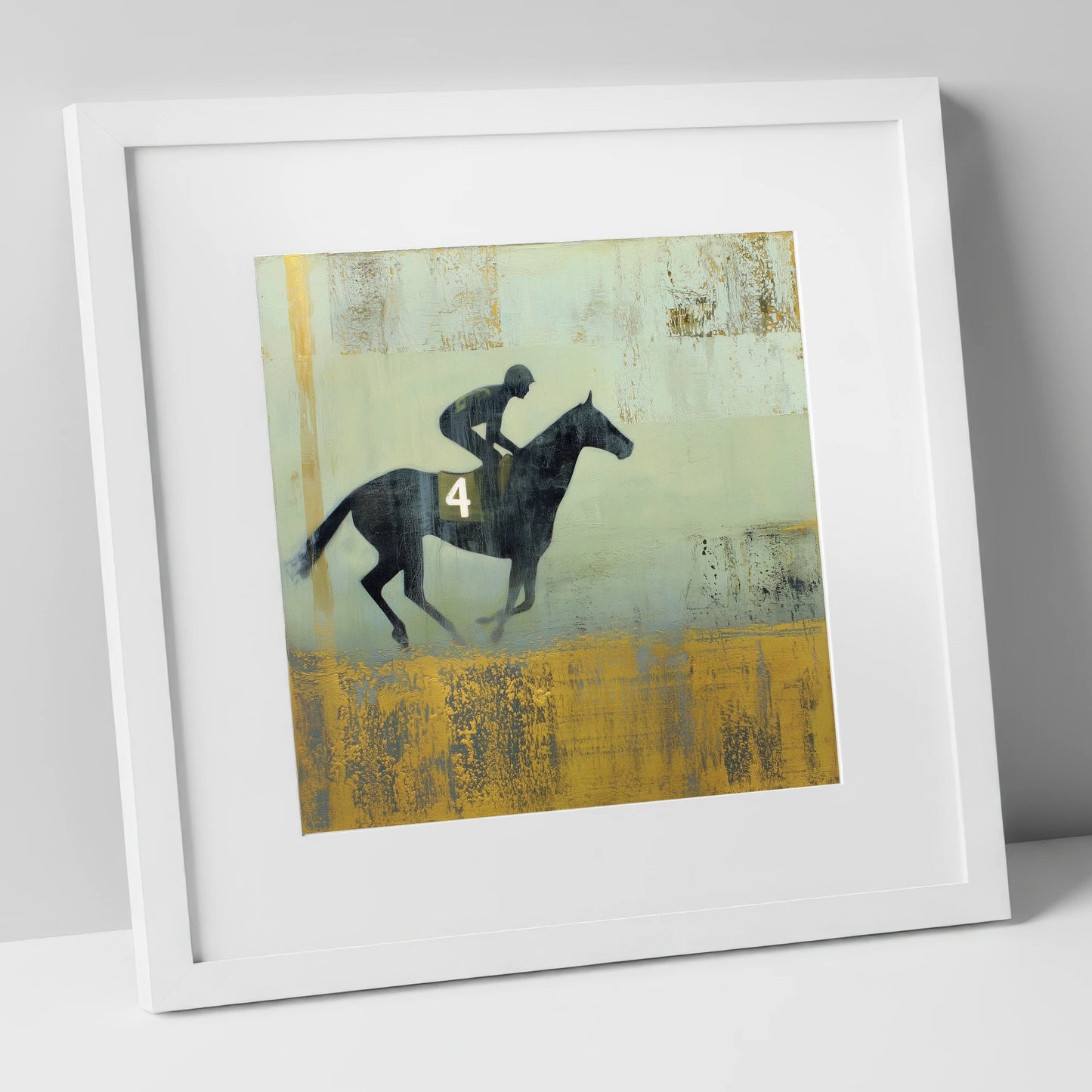 Gilded Number Four racing horse art print in white frame