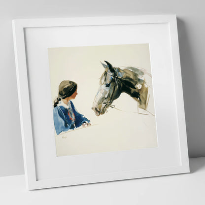 A Shared Silence horse & rider art print in white frame