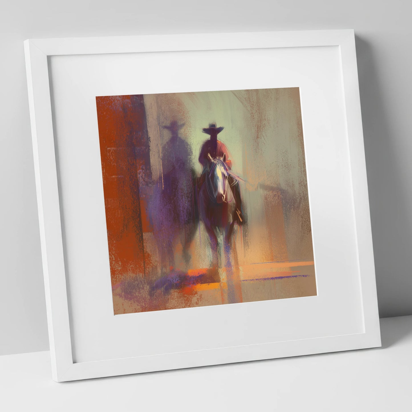 Rider in the Haze western horse art print in white frame