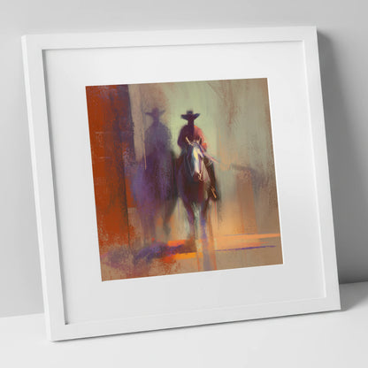 Rider in the Haze western horse art print in white frame