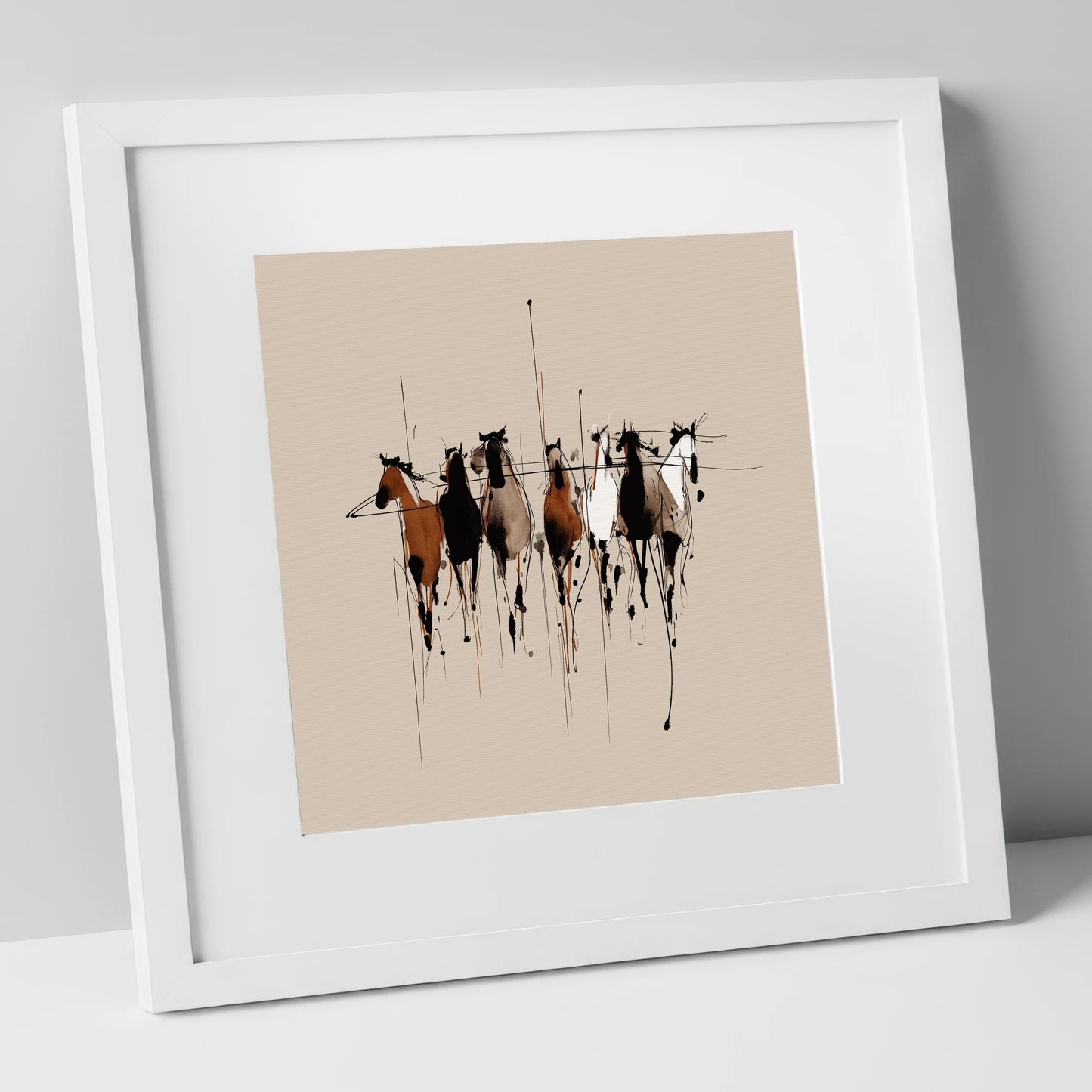 The Fluid Herd wild horses art print in white frame