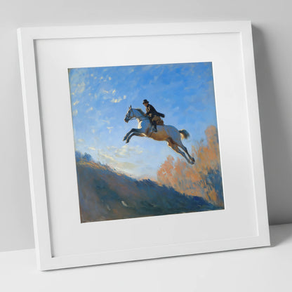 Flight Over The Ridge show jumping horse art print in white frame