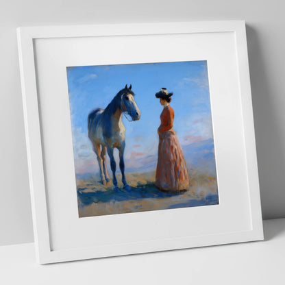 A Timeless Bond horse & rider art print in white frame