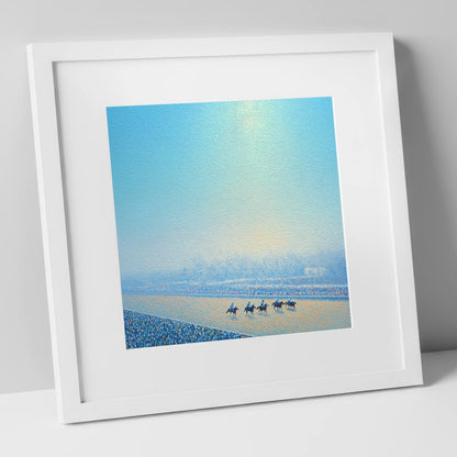 Luminous Morning Race racing horse art print in white frame