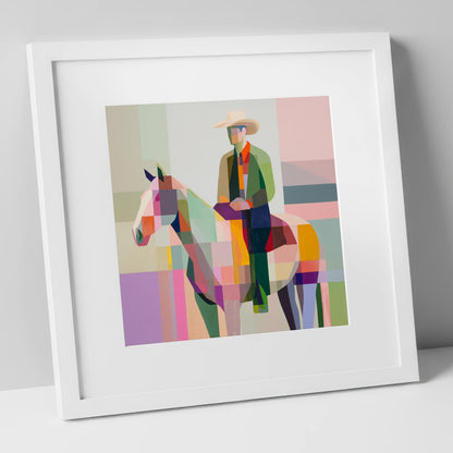 Geometric Western Rider western horse art print in white frame