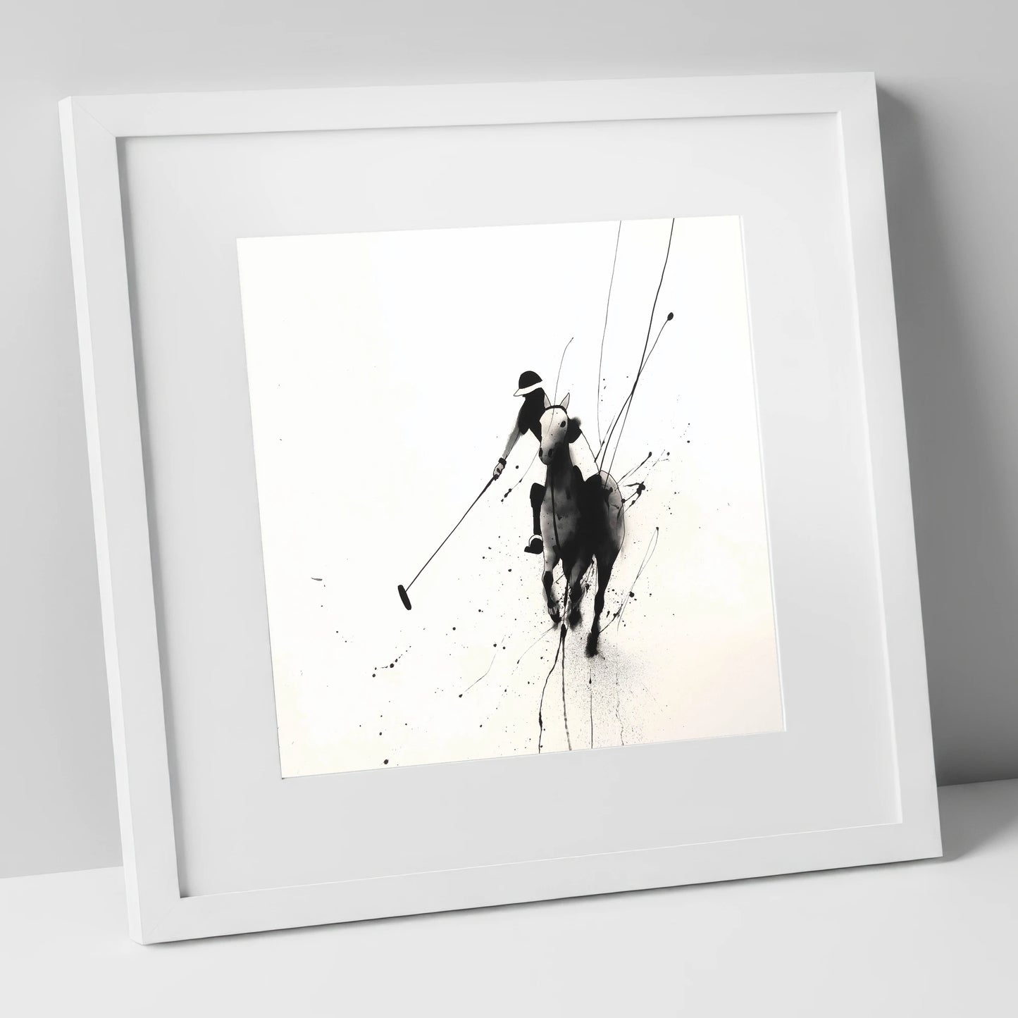Ethereal Polo Silhouette polo horse art print in white frame