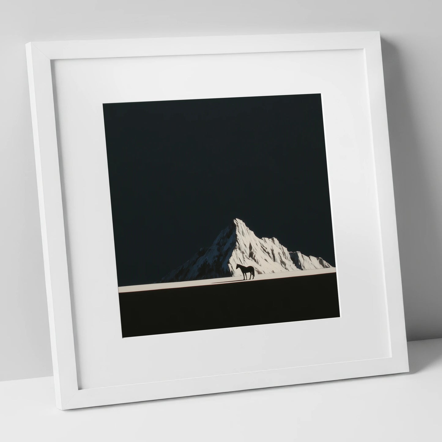 Alpine Solitude horse landscape art print in white frame
