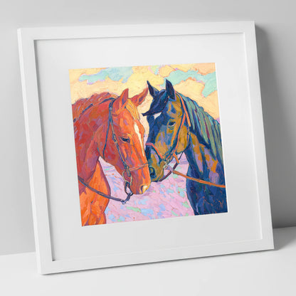 Vibrant Equine Bond horse portrait art print in white frame