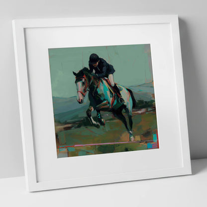 The Bold Clear show jumping horse art print in white frame