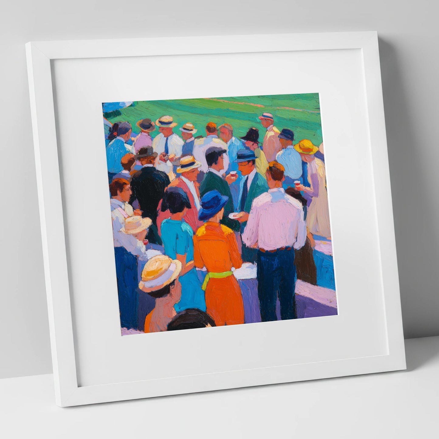 Colours of the Enclosure racing horse art print in white frame