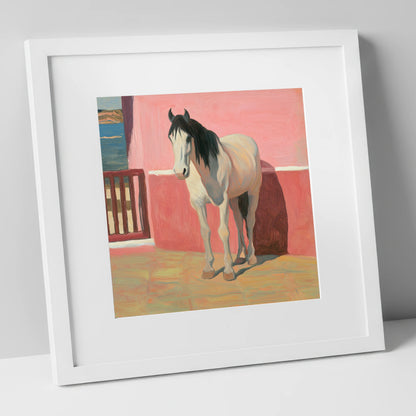 Coastal Courtyard Grey horse breed art print in white frame