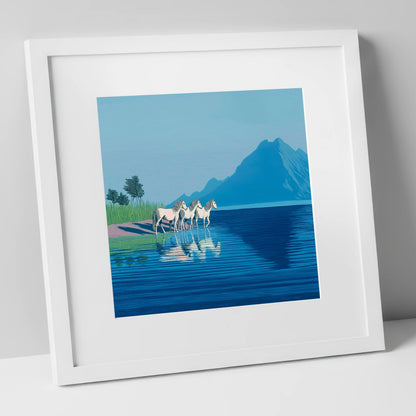 Reflections in Azure wild horses art print in white frame
