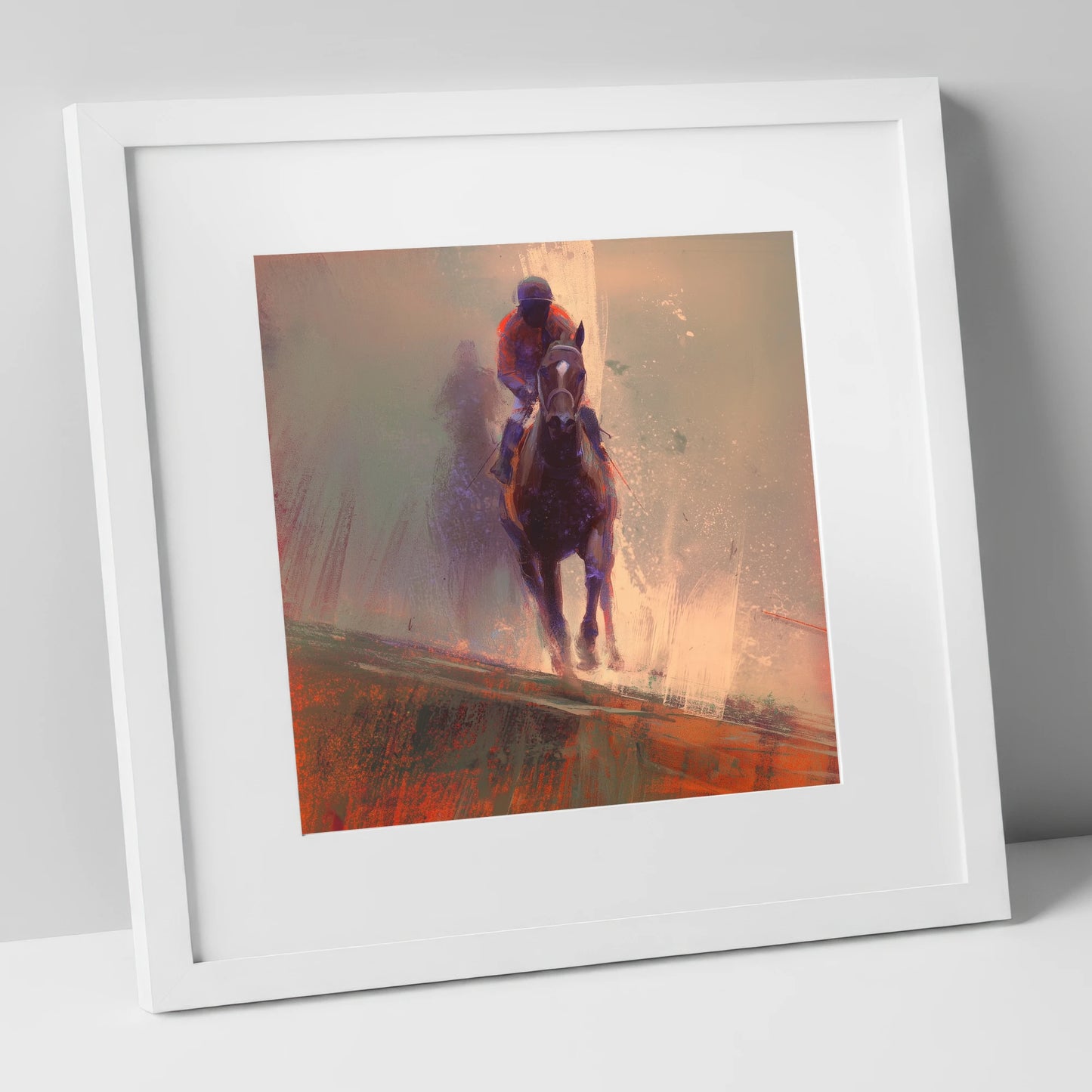 Surging Forward racing horse art print in white frame