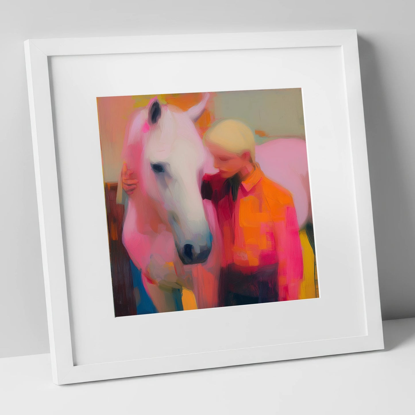 The Radiant Embrace horse & rider art print in white frame
