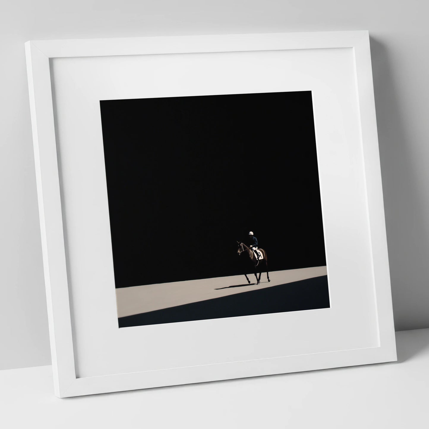 Out of the Shadows racing horse art print in white frame
