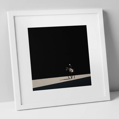Out of the Shadows racing horse art print in white frame
