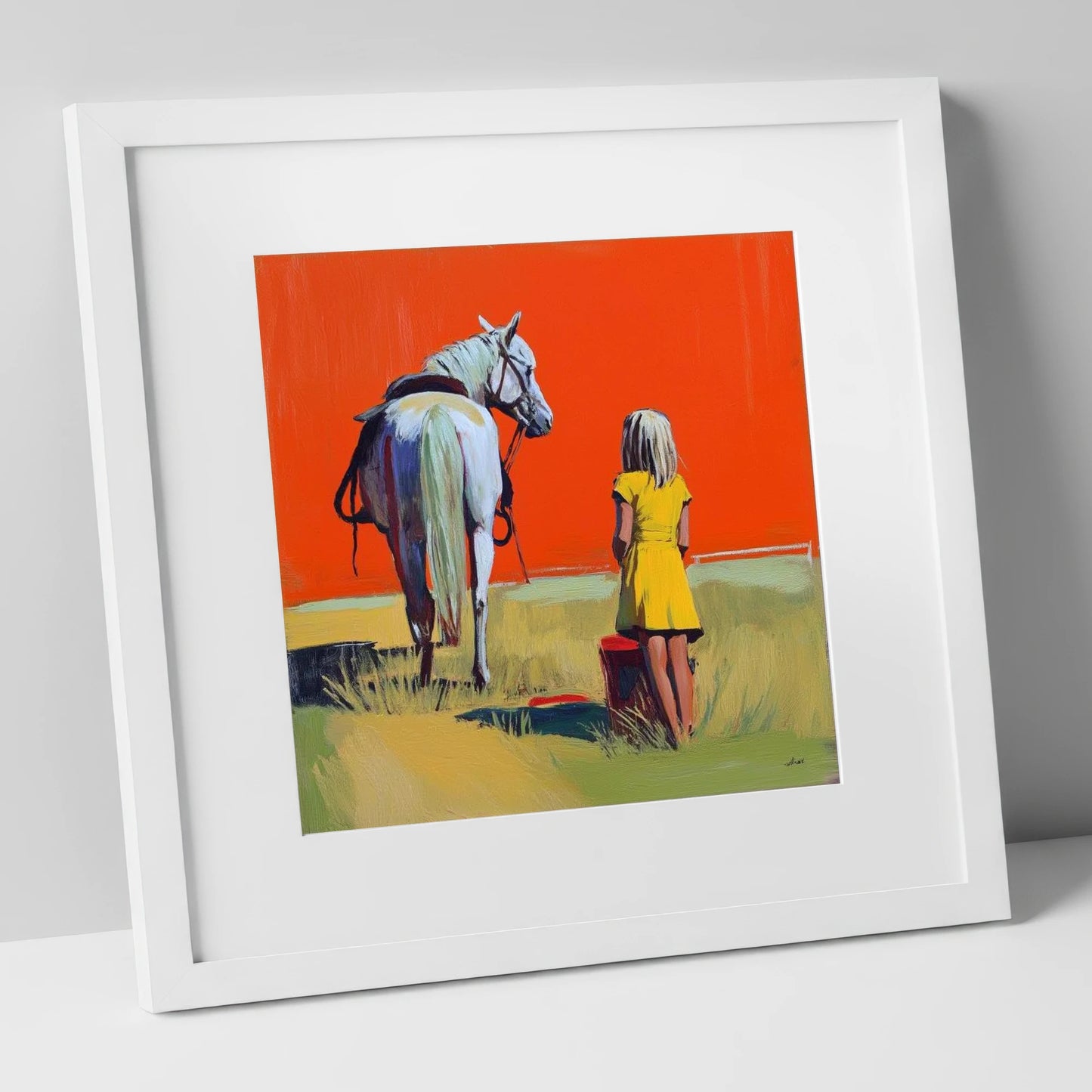 The Yellow Dress horse & rider art print in white frame
