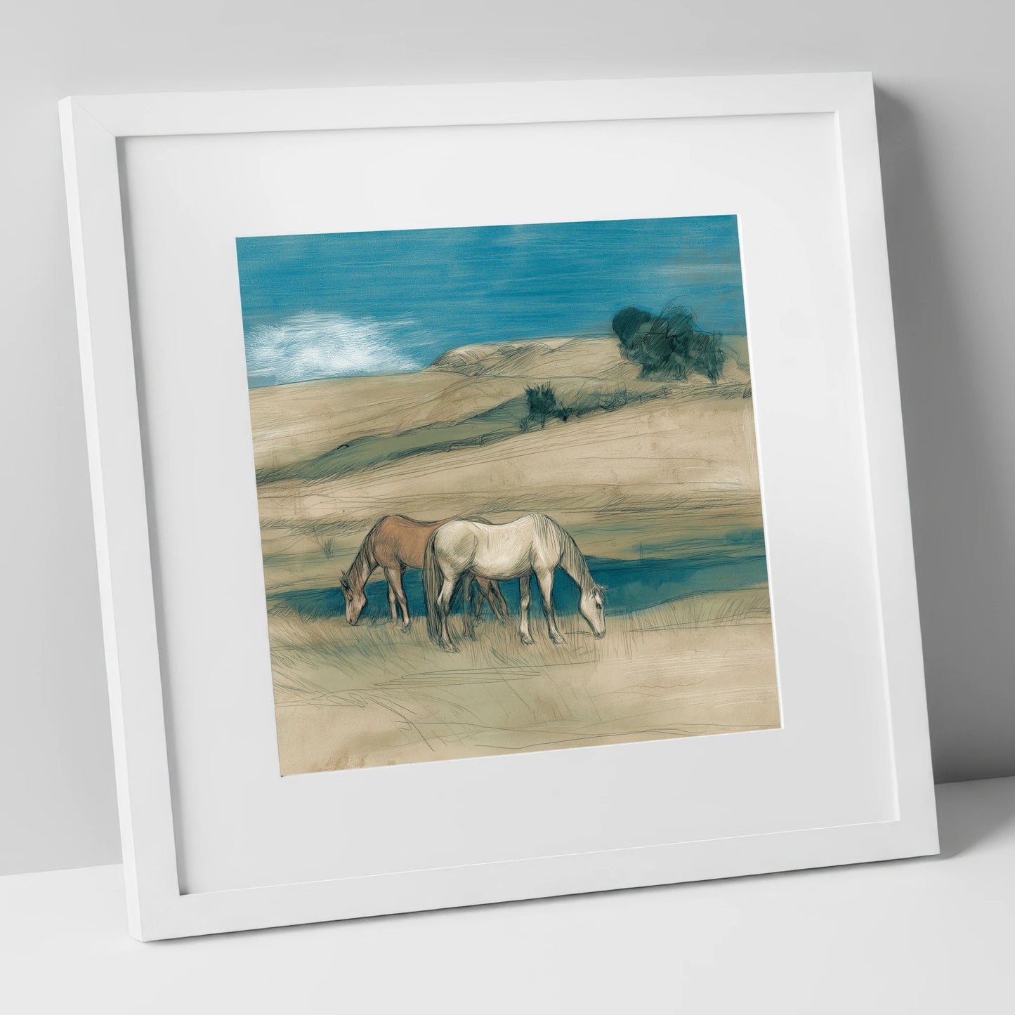 Grazing Beneath Teal Skies horse landscape art print in white frame