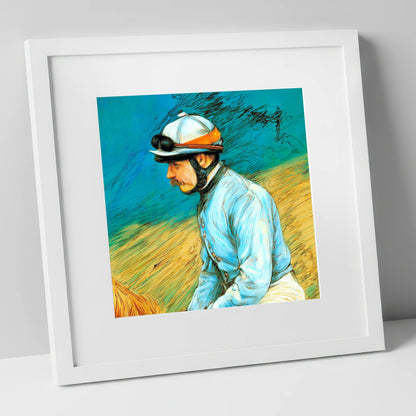 The Cerulean Silks racing horse art print in white frame