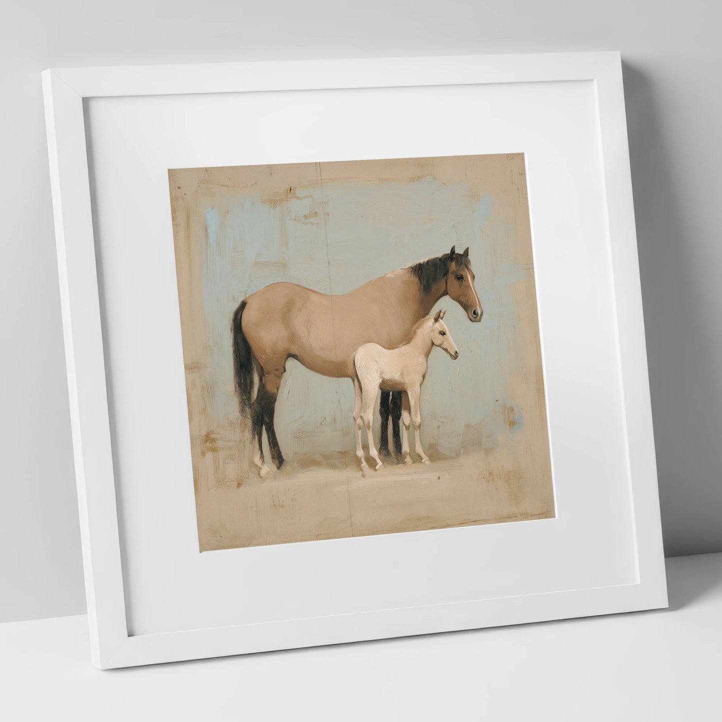 A Quiet Bond mare & foal art print in white frame