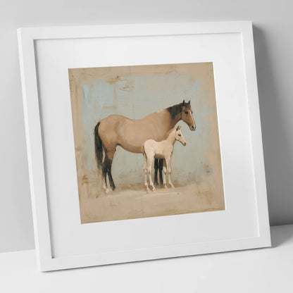A Quiet Bond mare & foal art print in white frame