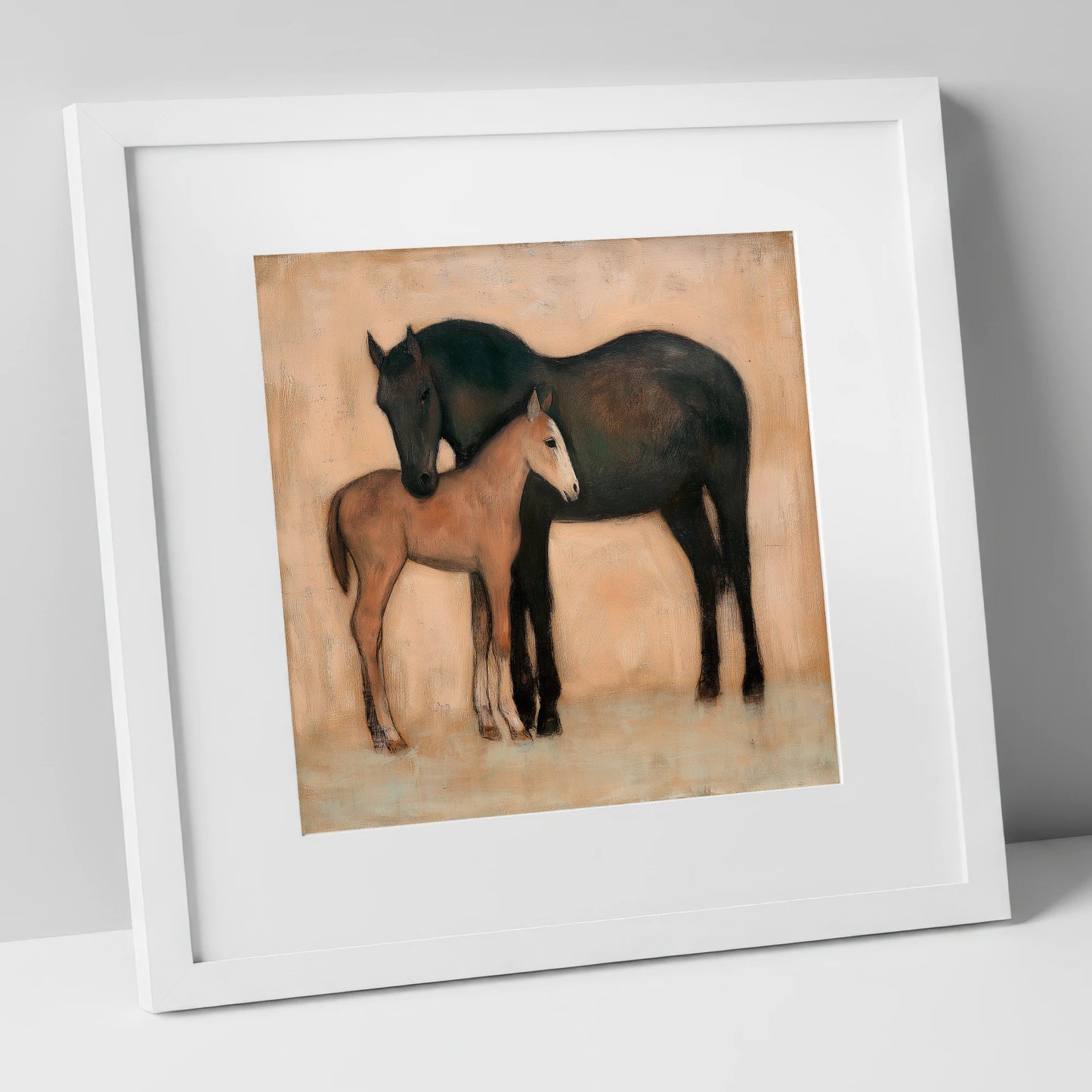 Quiet Affection mare & foal art print in white frame