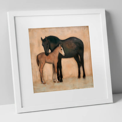 Quiet Affection mare & foal art print in white frame