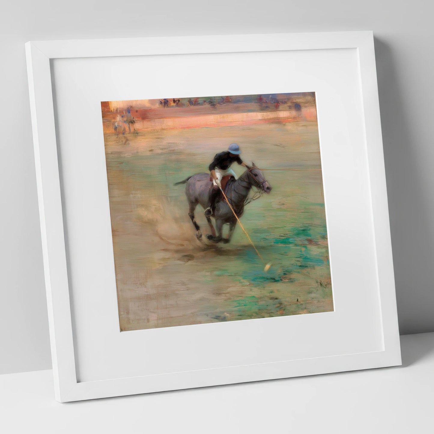The Mid-Field Drive polo horse art print in white frame