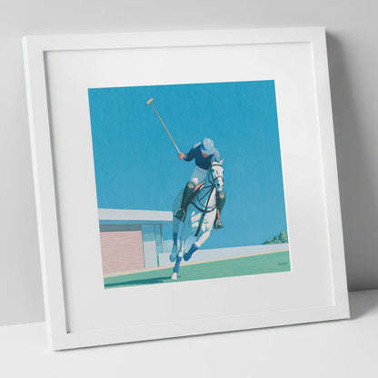 The Azure Chukka polo horse art print in white frame
