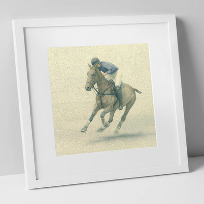 Chukka in Slate Blue polo horse art print in white frame