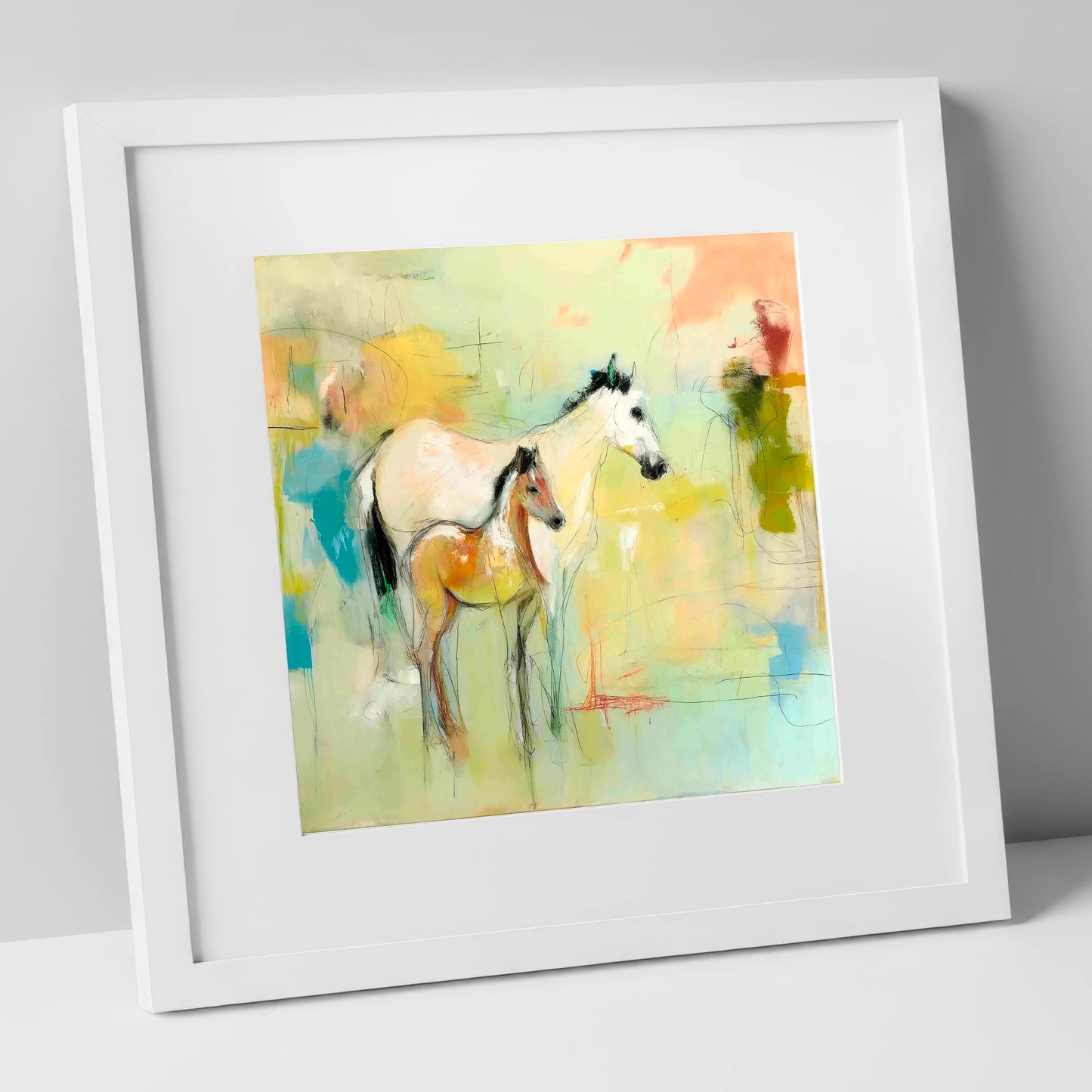 Ethereal Mare and Foal mare & foal art print in white frame