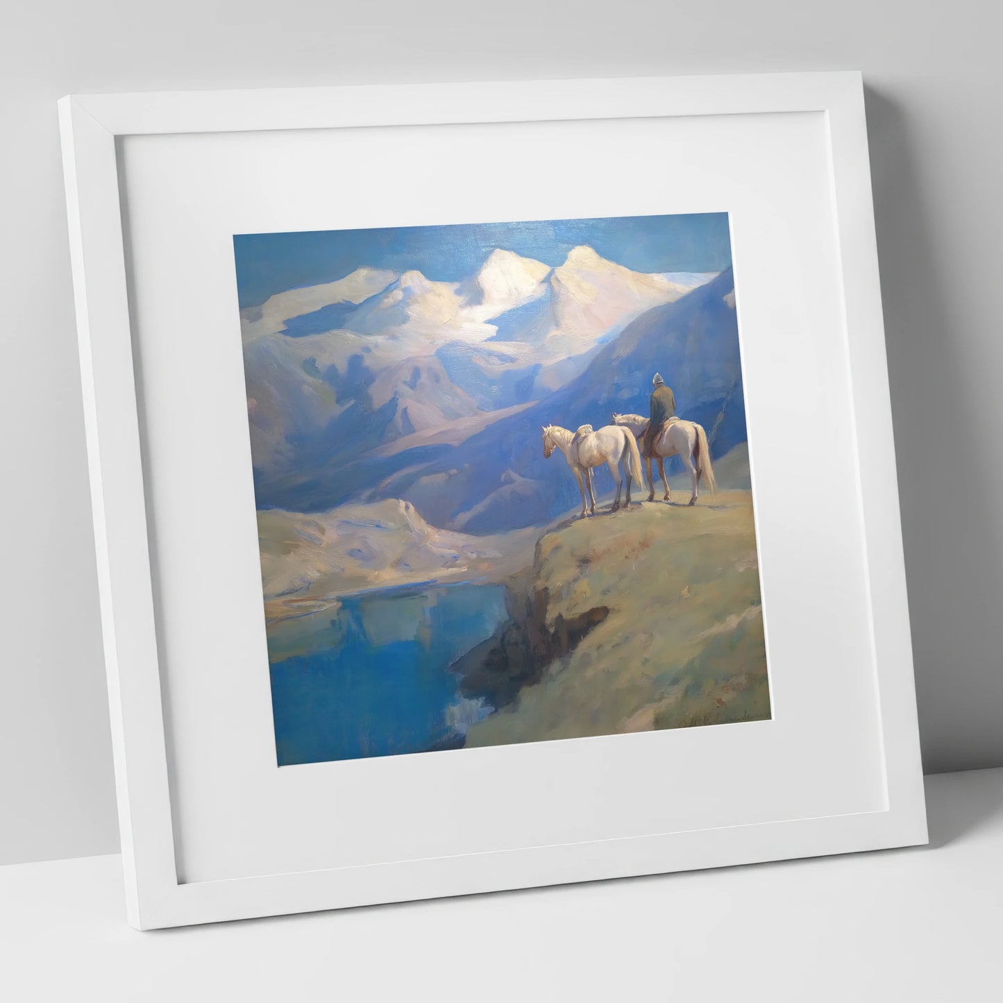 Alpine Vantage Point horse landscape art print in white frame