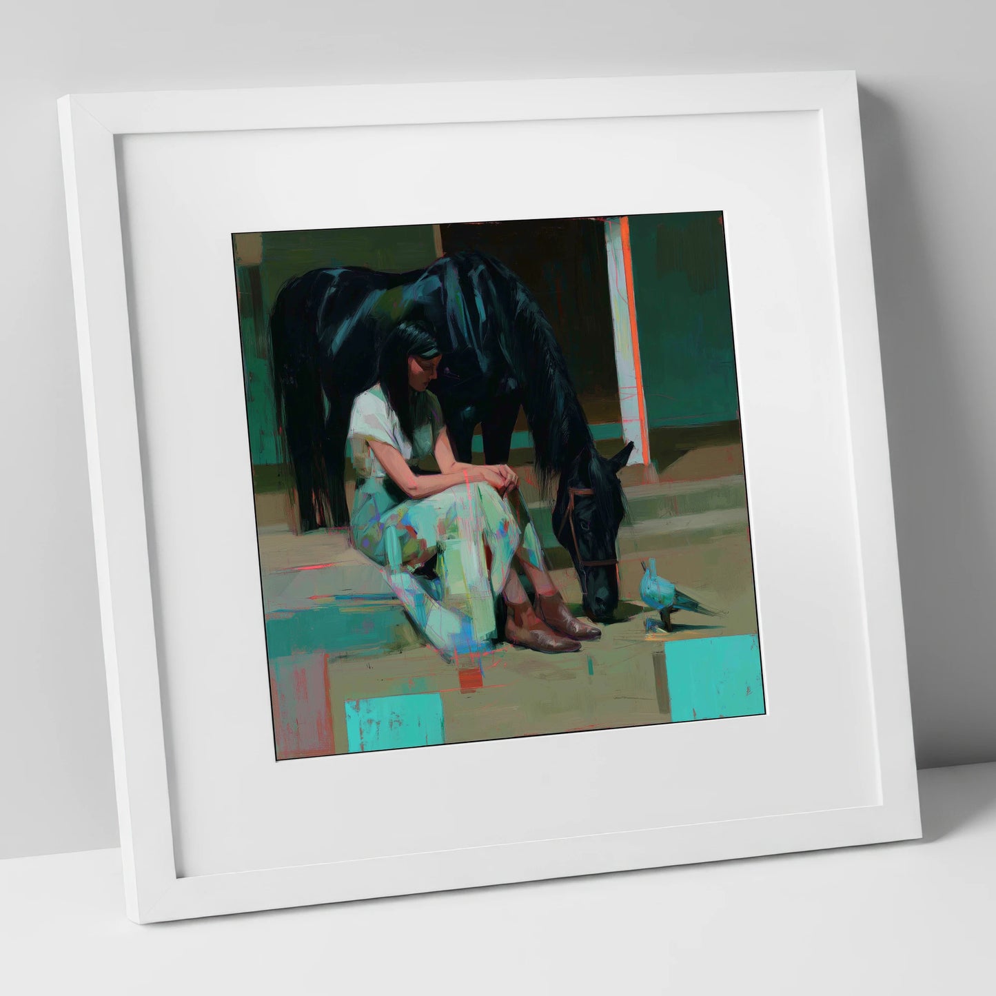 Stillness in the Yard horse & rider art print in white frame