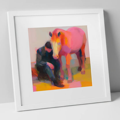 Radiant Solace horse & rider art print in white frame