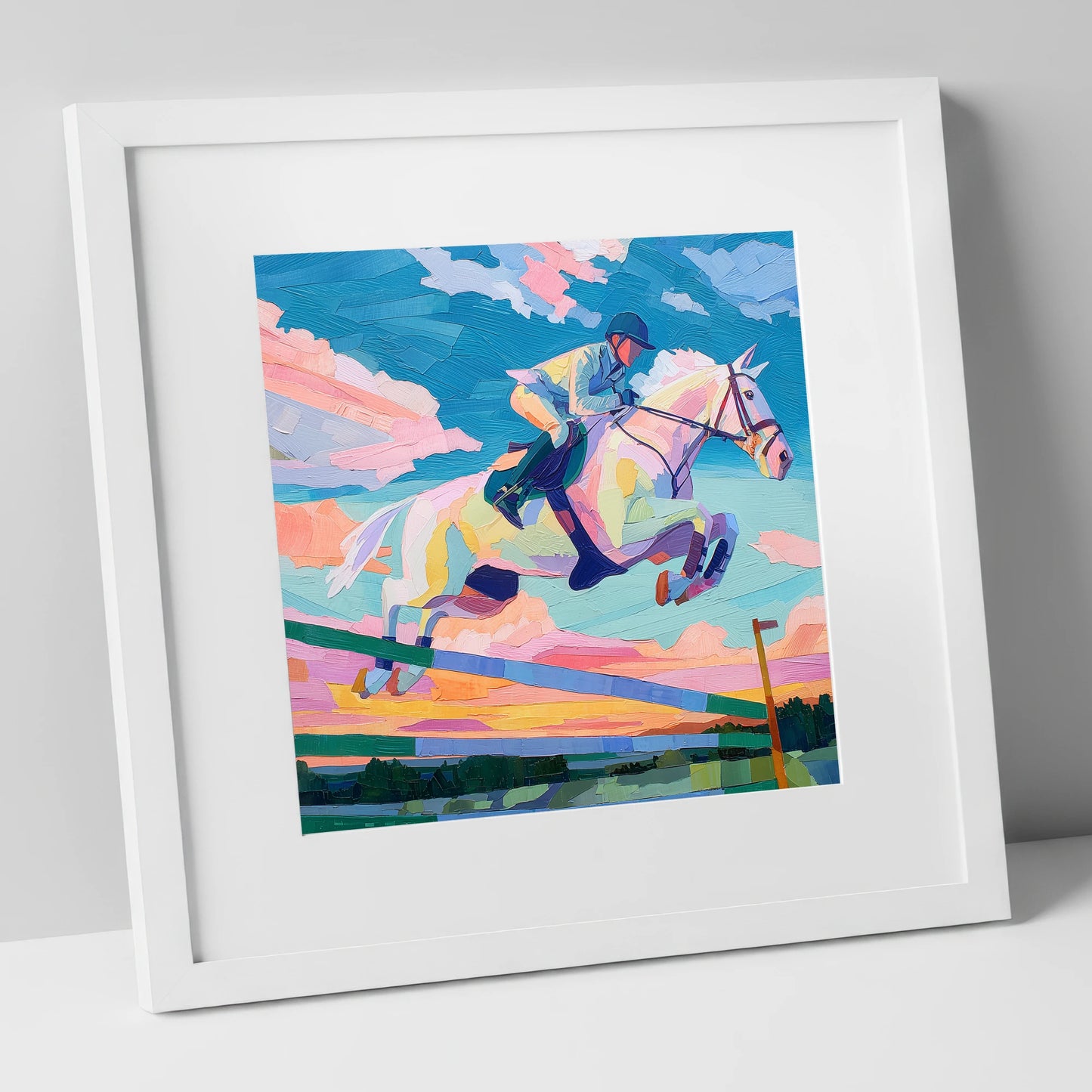 Technicolour Flight show jumping horse art print in white frame
