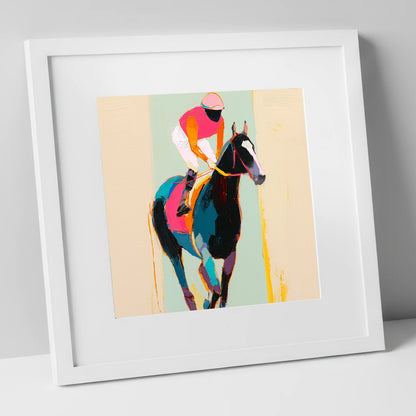 The Bold Contender racing horse art print in white frame