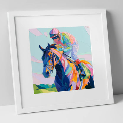Technicolour Sprint racing horse art print in white frame