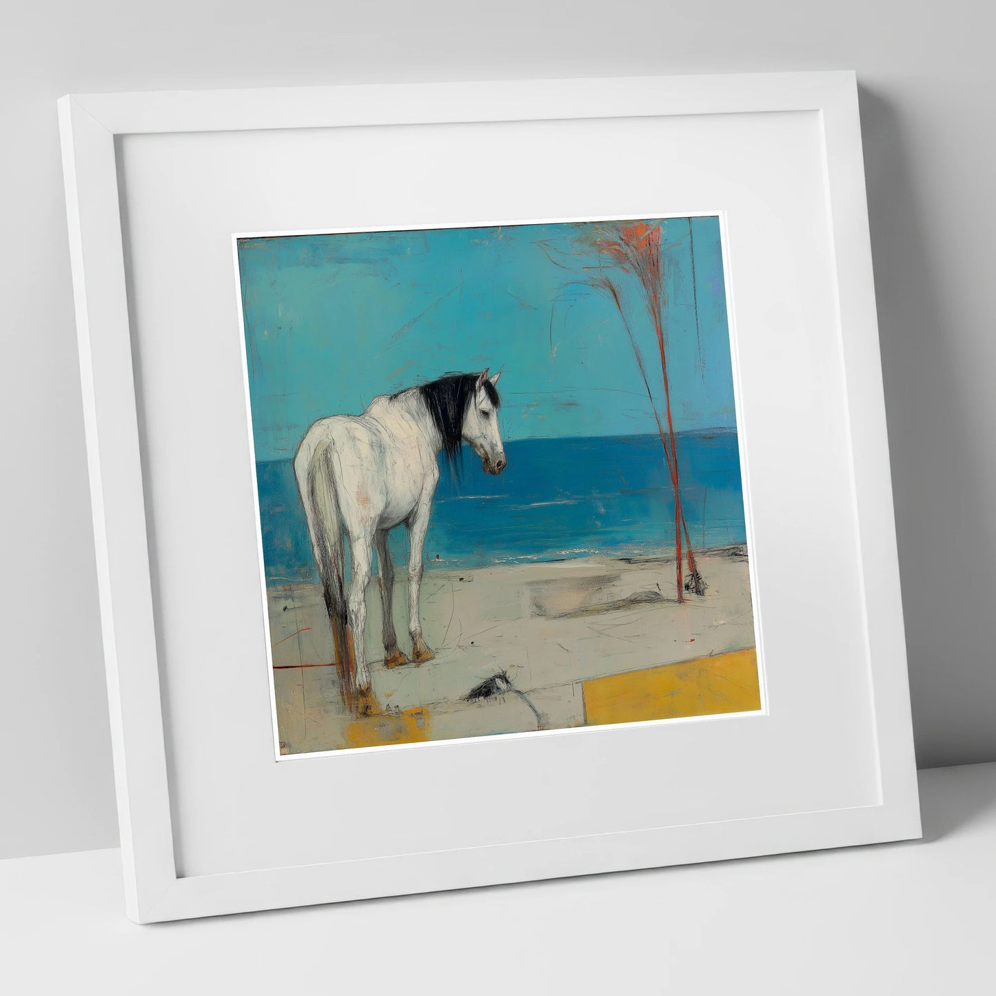 Coastal Solitude horse landscape art print in white frame