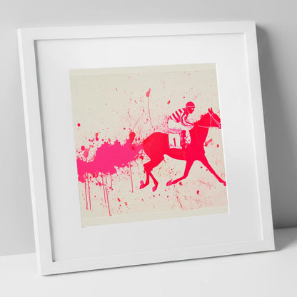 Magenta Racing Surge racing horse art print in white frame