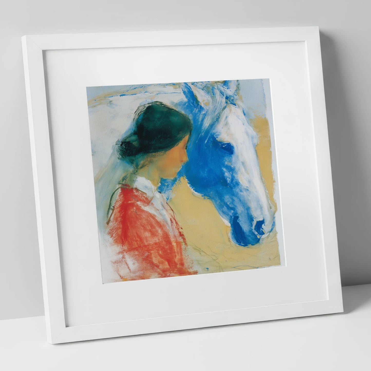 The Cobalt Companion horse & rider art print in white frame
