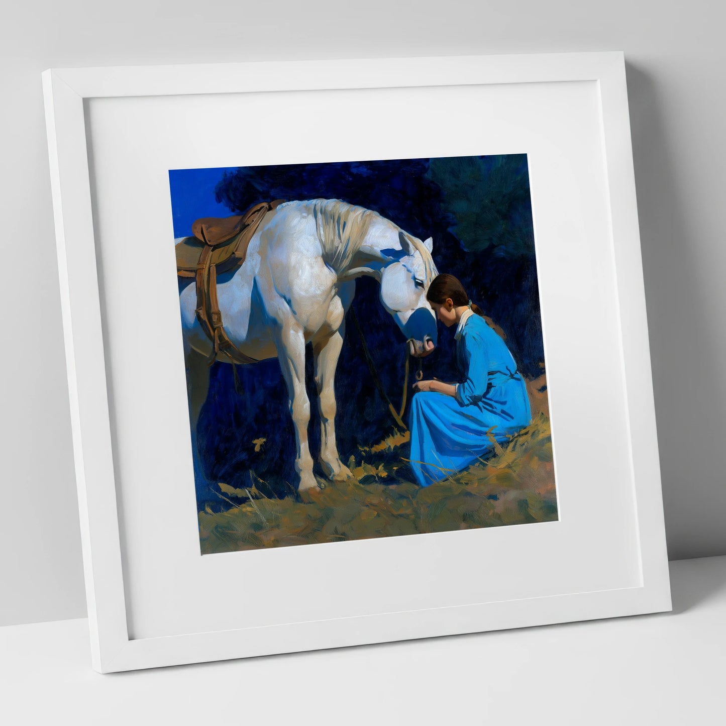 Bond in Blue and Gold horse & rider art print in white frame