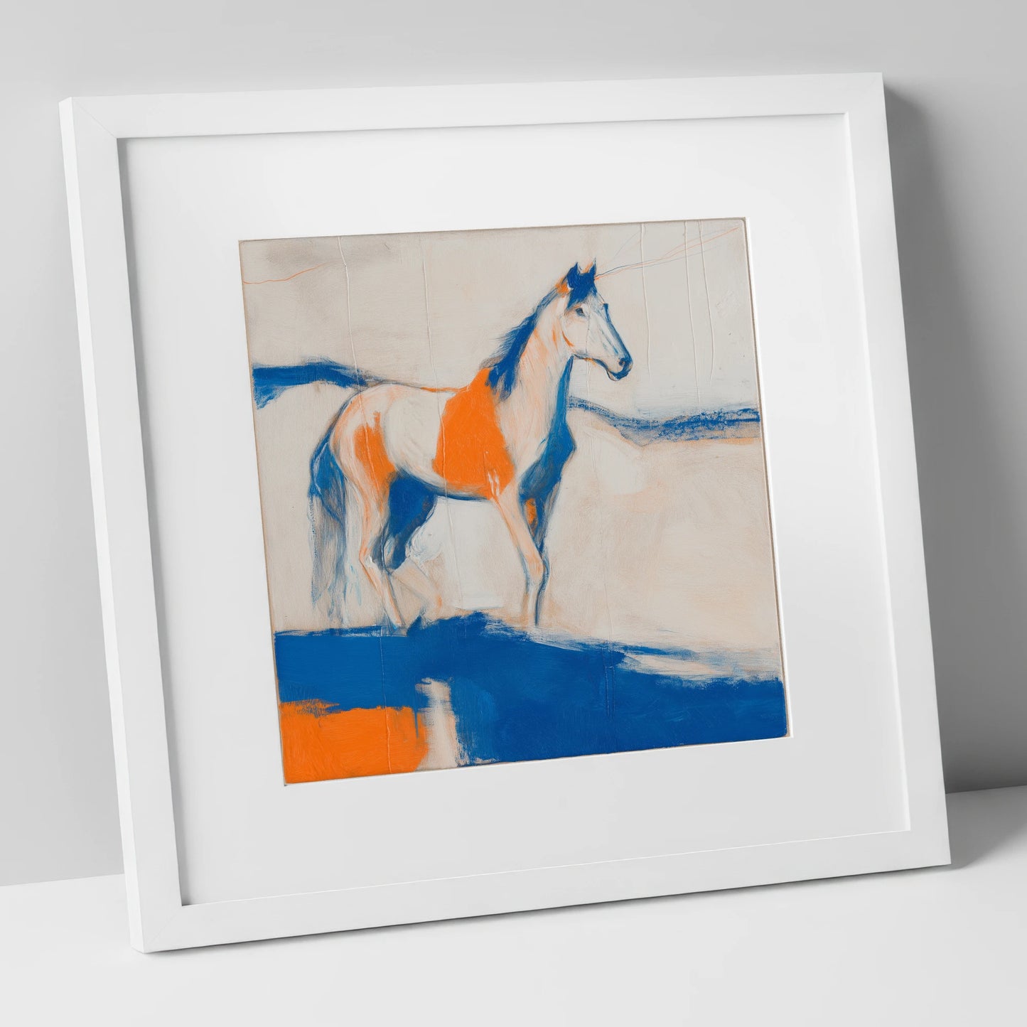Ultramarine and Orange Profile horse portrait art print in white frame