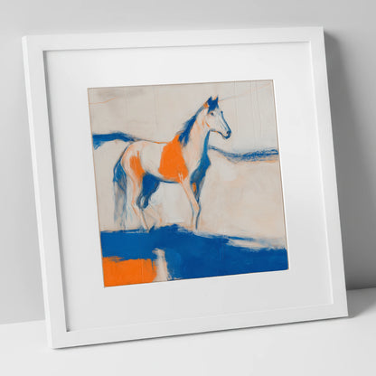 Ultramarine and Orange Profile horse portrait art print in white frame