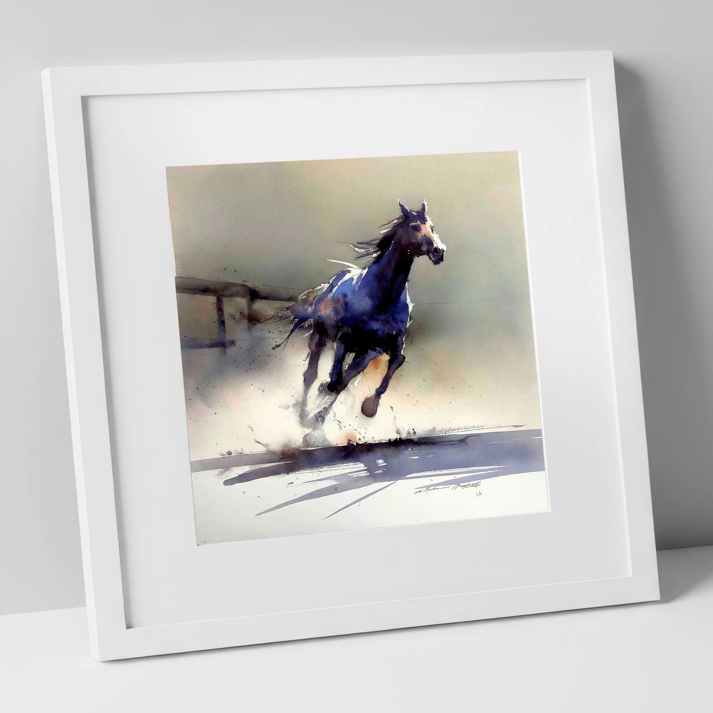 The Breakaway racing horse art print in white frame